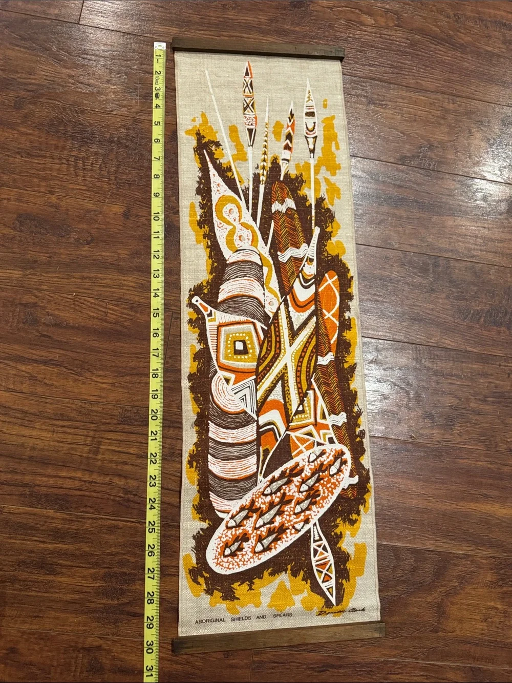 1960’s Donald Clark Linen Wall Hanging Aboriginal Shield and Spears Wall Scroll